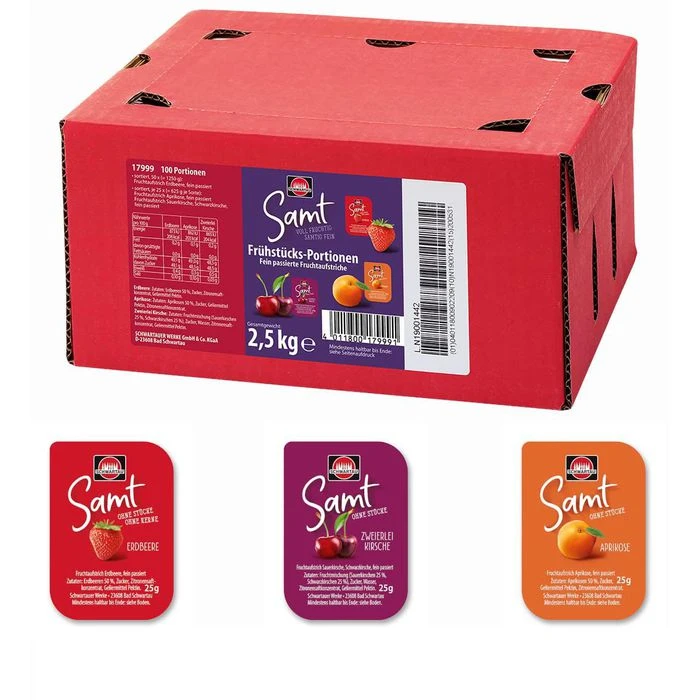Schwartau Fruchtaufstrich Samt Mix, 50% Frucht, Je 25g, 100 Portionen 1 Schwartau Fruchtaufstrich Samt Mix, 50% Frucht, Je 25g, 100 Portionen