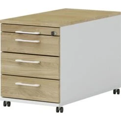 Röhr Rollcontainer Objekt.pur, Eiche Massivholz, Eiche / Weiß, Mit 4 Schüben, Abschließbar