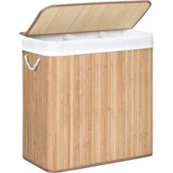 Songmics Wäschekorb LCB091N01 Braun, Mit 3 Fächern, Aus Bambus, Faltbar, 60 X 61,5 X 40 Cm, 150 Liter
