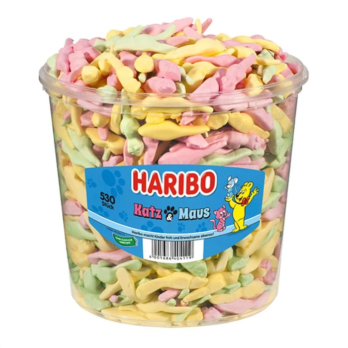Haribo Schaumzucker Katz & Maus, 1060g, 530 Stück, In Dose 1 Haribo Schaumzucker Katz & Maus, 1060g, 530 Stück, In Dose