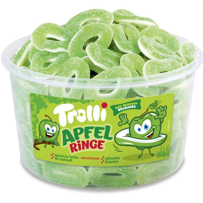 Trolli Fruchtgummis Apfelringe, 1200g, In Dose 1 Trolli Fruchtgummis Apfelringe, 1200g, In Dose